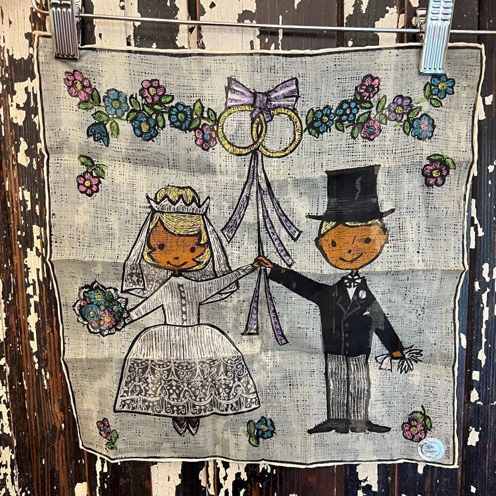 Vintage Lady Heritage Mid Century Wedding Day handkerchief. Bride and Groom.